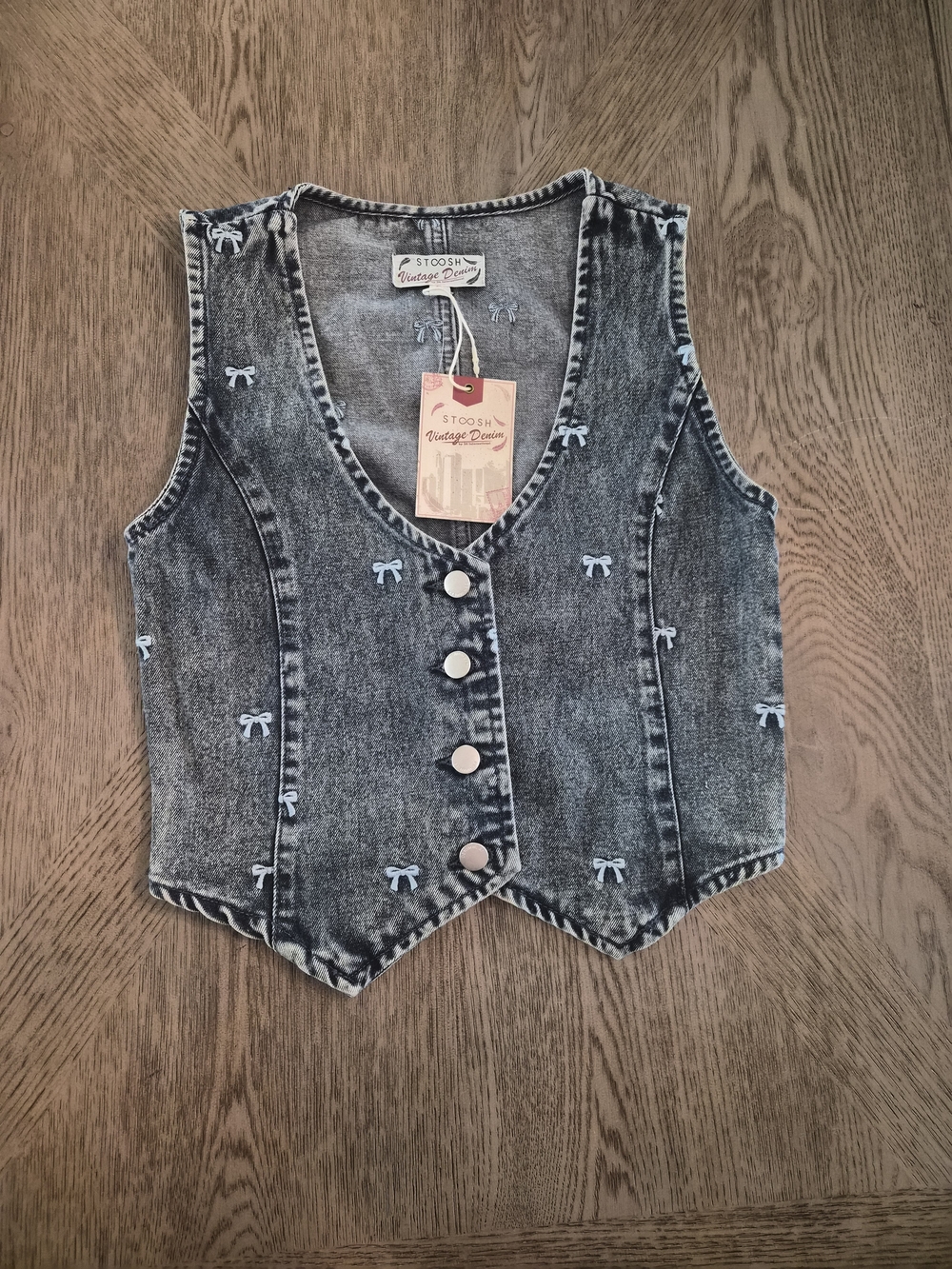 Stoosh Vintage Denim Embroidered Bow Vest - Washed Black/Gray